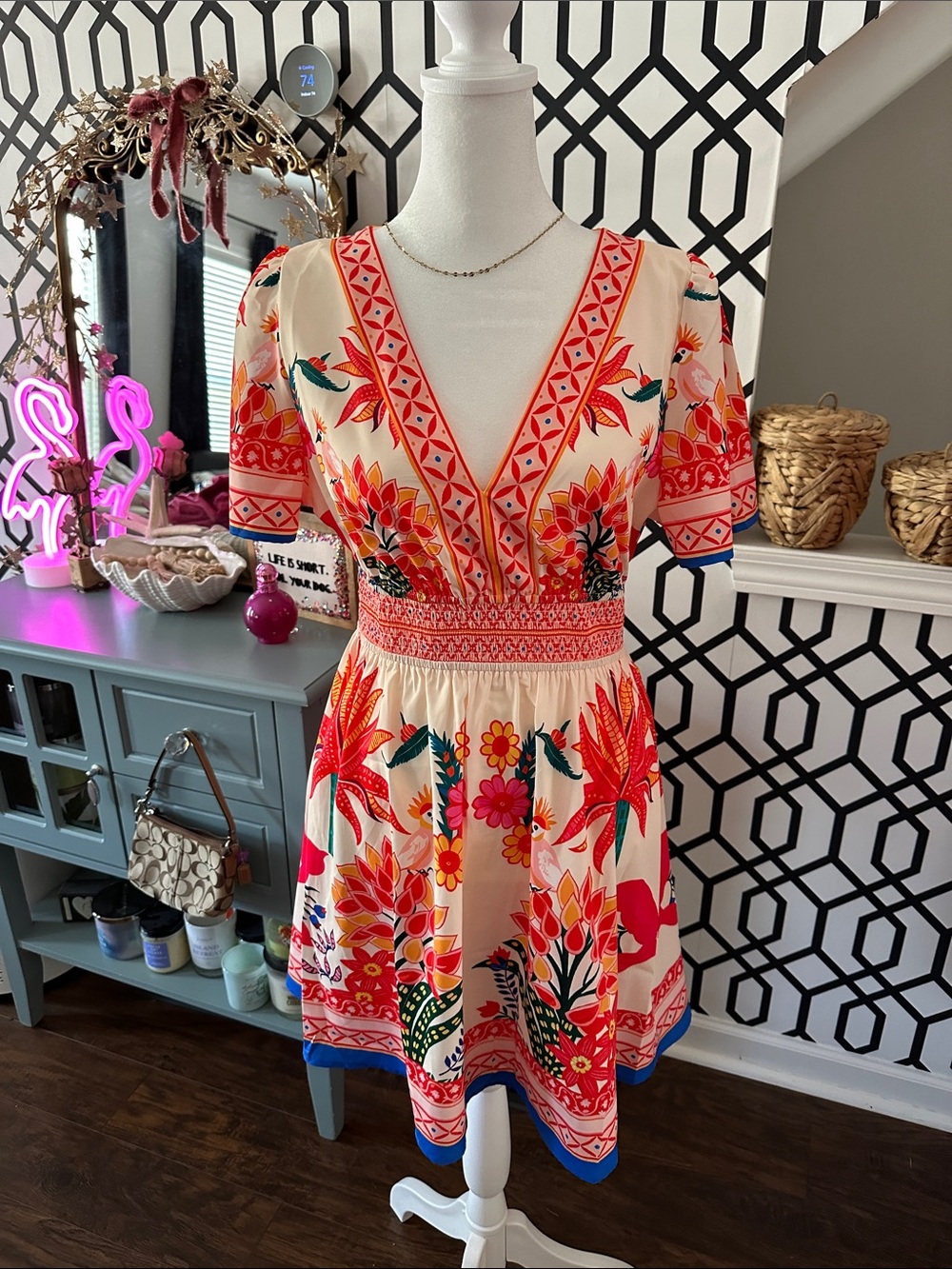 Cupshe Cream Tropical Floral V-Neck Mini Dress with Red, Pink and Blue Accents